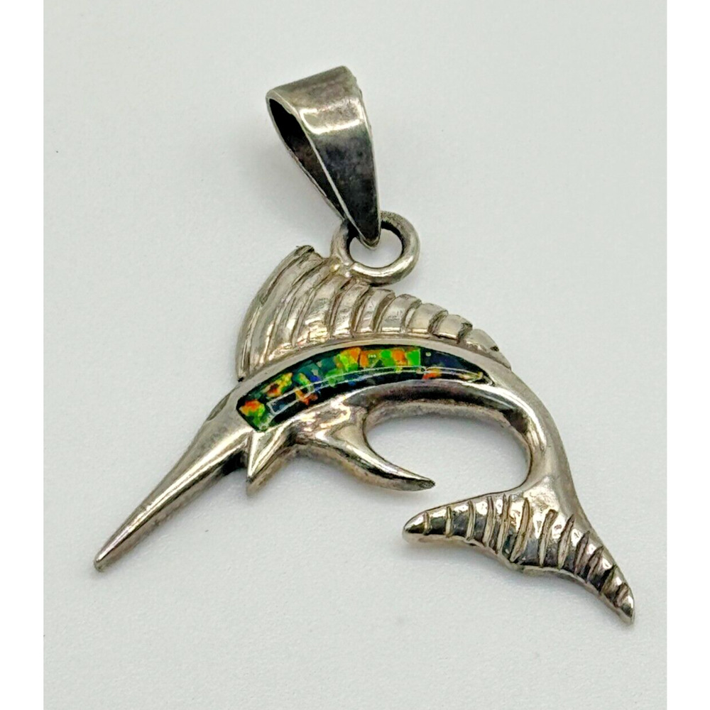 Vintage Sterling Silver Sailfish .925 Pendant Charm With Opal Stone 4.11 G